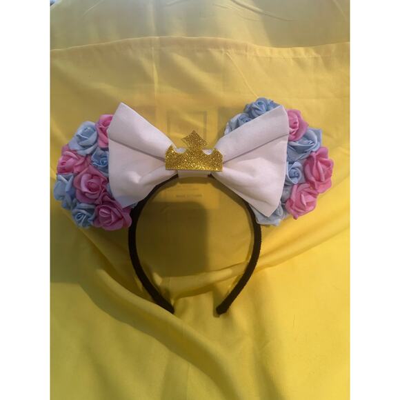 Handmade Princess Aurora Sleeping Beauty Blue Pink Flowers White Crown Bow Ears - Picture 1 of 4
